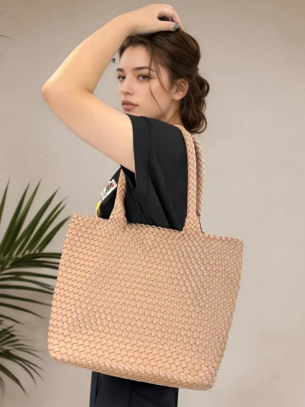 Woven Tote Bag for women,Vegan Leather Woven Satchel Handbag,Shoulder bag with P - Picture 3 of 8